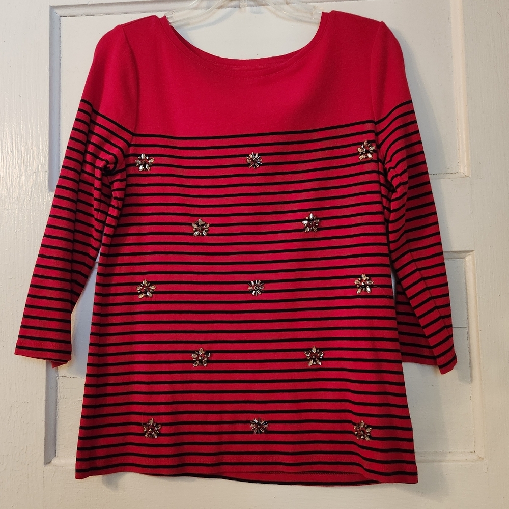 Talbots T-shirt, Red Black Stripe Beaded Crystals Sz Med 100% Cotton EUC Holiday
